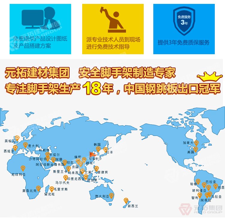 元拓建材集團，安全腳手架制造專家！專注腳手架生產(chǎn)18年，中國鋼跳板出口冠軍！